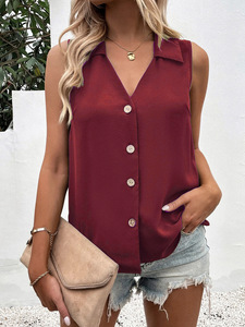 Atasan Kantor Wanita Tanpa Lengan Warna Solid Berkualitas Tinggi, Kemeja Vest V-neck, Blus Musim Panas untuk Wanita - Product Image 2