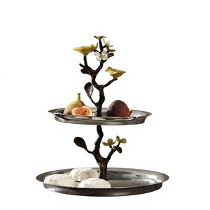 Plateau de service rond à deux niveaux avec support en forme d'arbre et oiseaux dorés, présentoir à dessert en métal, style oriental - Product Image 1