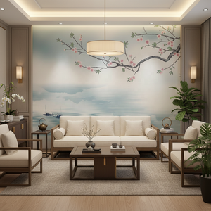 Papel Tapiz Autoadhesivo Impermeable para Decoración de Paredes Interiores <span class=keywords><strong>del</strong></span> Hogar, con Diseño de Barcos de Pesca, Ramas de Flores y Paisaje de <span class=keywords><strong>Lago</strong></span>, Estilo Chino - Product Image 1