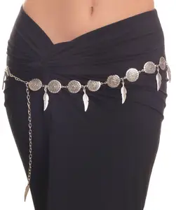 Cadena de cintura con abalorio de hoja de pieza redonda de plata antigua de alta calidad para mujer, cinturón étnico de acero inoxidable, cadena ajustable para el vientre