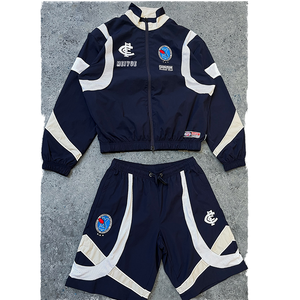 2026 New Men Navy Blue Shorts Set Full Sleeve Zipper Sportswear Breathable Vintage Knee Casual Training Outfit Summer Wear - Product Image 1