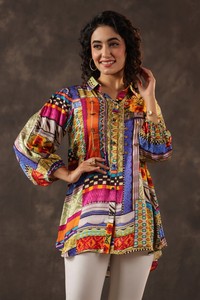 Buy Multicolor <b>Patchwork</b> Print Button Front Tunic <b>Shirt</b> Relaxed Fit Balloon Sleeve Designer Fashion Dress - Product Image 4