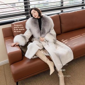 Mantel Bulu Imitasi Wanita Musim Gugur/Dingin 2024 Terbaru, Model Panjang Sampai Lutut, Kerah Bulu Rubah Jahitan Silang, Bulu Imitasi Mewah - Product Image 3