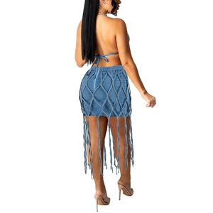 ชุดกระโปรงผ้ายีนส์แบบผูกคอแขนกุดลายตารางสำหรับผู้หญิงแฟชั่นขายดี - Product Image 2