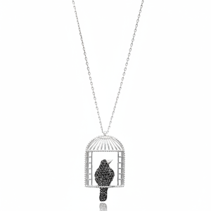 Colgante con Diseño de Jaula de Pájaro y Circonita Negra, Hecho a Mano en Turquía, Joyería de Plata de Ley 925 al por Mayor - Product Image 2