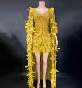 NOVANCE Y2539-B 2022 महिलाओं गर्मी की पोशाक पार्टी मिनी लंबाई पीले रंग की पोशाक के साथ लंबे पंख बरसती दो टुकड़ा सेट के लिए शाम दावत