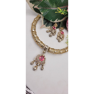 Jewellery set features a stiff gold-plated mesh hasli <b>choker</b> with pink and white stones Jewelry Sets - Product Image 1