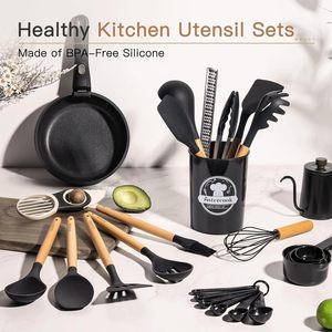 Ensemble d'ustensiles de cuisine Astercook de 39 pièces, en silicone avec manches en bois, résistant à la chaleur, de qualité alimentaire, sans BPA, facile à nettoyer, pour les surfaces antiadhésives - Product Image 3
