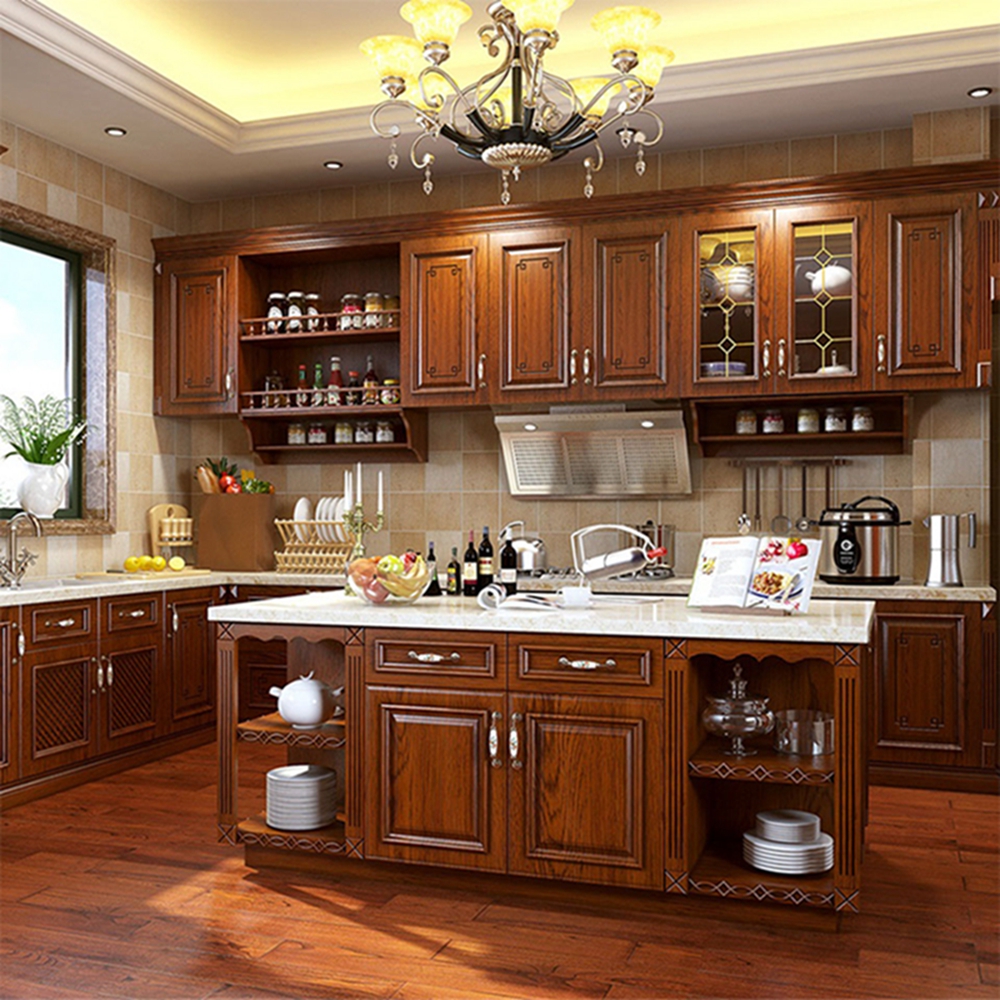 Muebles de cocina, organizador de despensa, armarios rojos de mármol, armario de cocina de roble de madera maciza, armario antiguo en la cocina