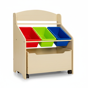 Kids Wooden Toy Chest with Rolling Toy Box & <b>Plastic</b> <b>Bins</b> <b>Storage</b> Organizer for Toys Made in China Model AL1274 - Product Image 6