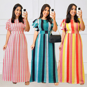 Robe longue rayée imprimée à fines bretelles et manches à volants pour femme, style européen et américain, modèle 79 - Product Image 6