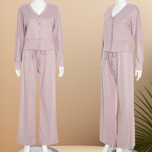 Viviblook J25ST268 nouvelles dames automne tenues 2 pièces ensemble automne nouveau décontracté bouton ample vêtements de sport côtelé pantalon ensemble pour les femmes - Product Image 1