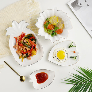 Platos de Cerámica de Forma Irregular con Borde Dorado, Plato para Servir Piña, Desayuno, Postre, Aperitivos, Estilo Occidental, para Fiestas - Product Image 1