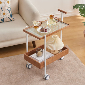 Zhui Zhu <b>Side</b> <b>Table</b> Trolley Glass Top Solid Wood Movable Coffee <b>Table</b> <b>Storage</b> Rack For Living Room Balcony - Product Image 2