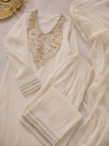 Conjunto de Kurta, Pantalón y Dupatta de Algodón Chanderi Cosido para Mujer, Ropa Tradicional India Elegante, Prenda Étnica Bordada - Product Image 4