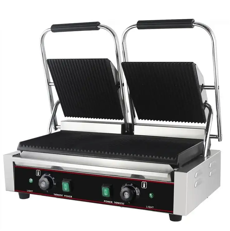 Industrial elétrica sanduíche Panini torradeira imprensa Grill Maker máquina totalmente cabeças duplas contato Grill