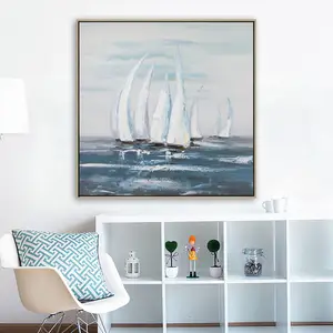 Modern Met Art China Colorful Blue Sea Ship Beautiful Painting Abstract Canvas Wall Art For Home Decoration