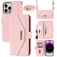 Étui de téléphone à rabat en cuir PU avec bandoulière, porte-cartes, miroir et protection intégrale