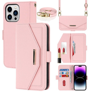 Étui de téléphone à rabat en cuir PU avec bandoulière, porte-cartes, miroir et protection intégrale - Product Image 6