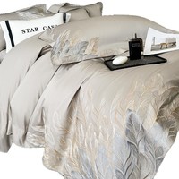 Parure de lit 4 pièces en coton à fibres longues 100S, broderie lourde, teinture réactive, couleur unie, comprenant housse de couette, drap plat et drap-housse