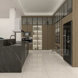 2023 più nuovi mobili da cucina impiallacciati in legno massello di Design con mobili da cucina a luce Led incorporati in vetro di alluminio nero