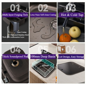 Évier de camping-car en acier inoxydable noir et argenté avec couvercle en verre et robinet pliable, accessoire de lavabo pour <span class=keywords><strong>caravane</strong></span> et camping-car - Product Image 2