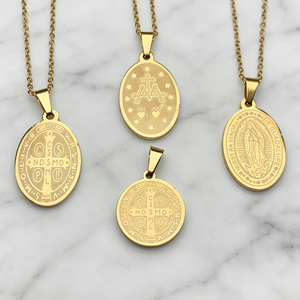 Collier religieux en acier inoxydable avec médaille en nacre, Vierge Marie de Guadalupe, Saint Benoît, médaille miraculeuse - Product Image 2