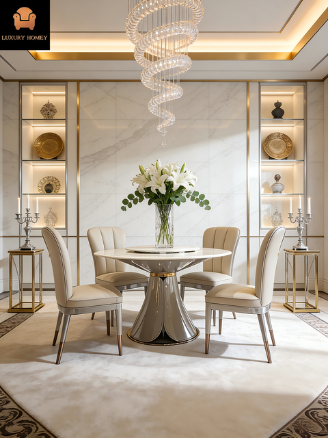 Foshan Factory Direct Luxury Round Marble Dining Table Set 6 Chairs Modern Dining Table with 6 Chairs Set for Hotel and Home Use