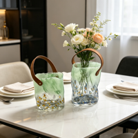 Vase en verre Millefiori soufflé à la main vert avec poignée en cuir, vase à fleurs transparent en forme de sac à main pour plantes hydroponiques