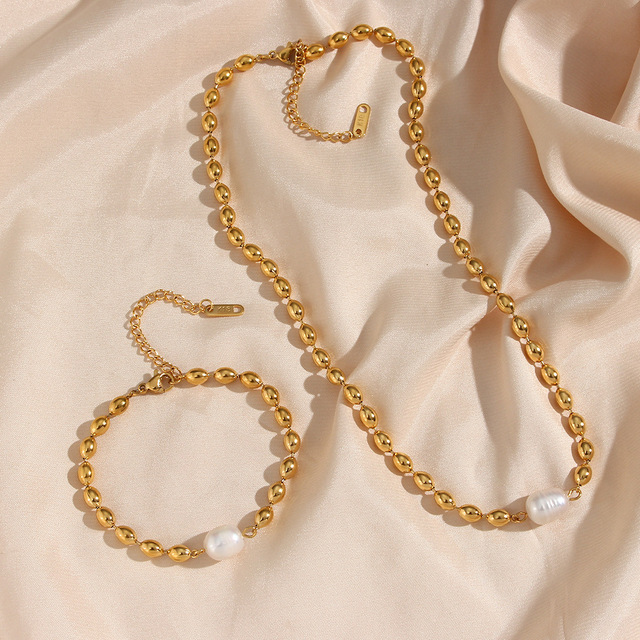 Elegant Gold Plated Stainless Steel Jewelry With Imitation Baroque Pearl Oval Bead Station Chain Necklace Bracelet Set