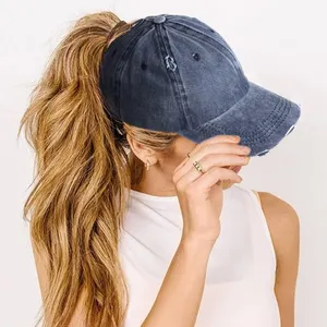 Womens Twill Washed Distressed Retro Adjustable Baseball Cap Golf Hat Dad Hat With Ponytail Hole