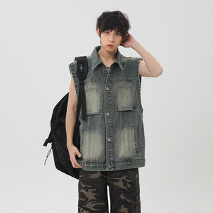 Gilet <span class=keywords><strong>en</strong></span> <span class=keywords><strong>jean</strong></span> décontracté unisexe style rétro américain pour l'été, coupe ample, grandes poches, logo, polyvalent, <span class=keywords><strong>sans</strong></span> manches, col <span class=keywords><strong>en</strong></span> V, effet délavé - Product Image 1