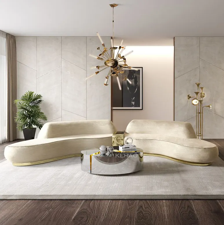 Latest Popular Modern Designs Living Room Metal Base White Fabric Sofa Velvet Couch Lobby Curved Sofas