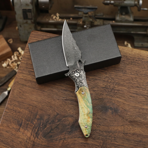 ดามัสกัสเหล็กต่อสู้มีดพับได้ใบมีดมีดมีดที่จับไม้สีเขียวแบบ DIY - Product Image 4
