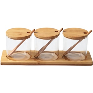 3er Pack Gewürz behälter mit Bambus deckel und Holz tablett Bambus löffel für Gewürz behälter Glas Gewürz glas <span class=keywords><strong>Set</strong></span> - Product Image 1