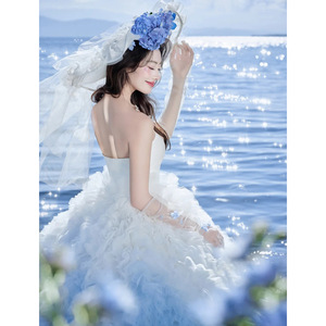 Blue Gradient Strapless Ball Gown Wedding Dress Tulle Natural Waistline For Photography And Travel Shoots - Product Image 5