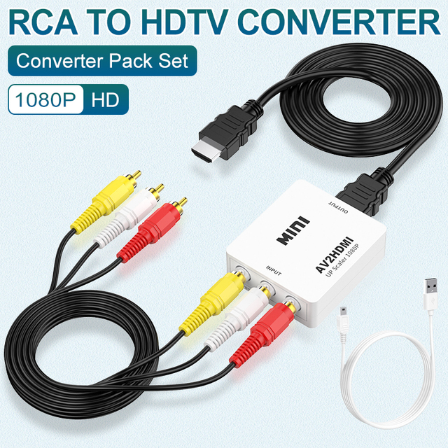 Video Converter Kit Mini AV to HDTV Adapter 1080p with 1.5m RCA Cable 1.5m HDTV Cable USB Power Cable (CE Certified)