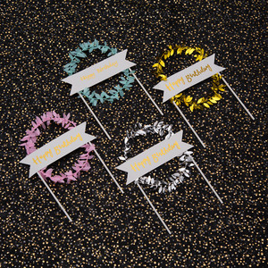 Happy Birthday Cake Decorations Leaf Wreaths Gold Silver Pink Blue Plastic Reusable Birthday Party Table Toppers - Product Image 1