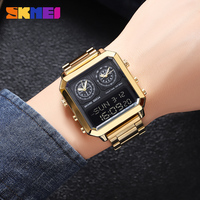 Jam tangan tali baja tahan karat pria, arloji olahraga LED bercahaya 30M persegi tahan air Digital SKMEI2204