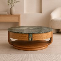 Table basse ronde en marbre vert, corps en bois de burl avec tiroirs, bouton doré, mobilier de salon de luxe de style moderne du milieu du siècle