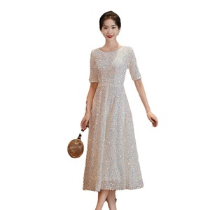 White Evening Gown Scoop Neck Natural Waist 3D Patterns Elegant For Coming Of Age Ceremony - Product Image 5