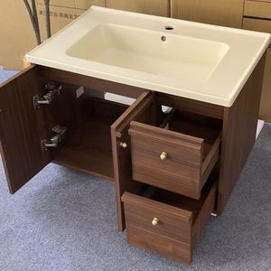 Middle ancient style <b>walnut</b> wood milk coffee colored ceramic integrated basin bathroom <b>cabinet</b> - Product Image 3