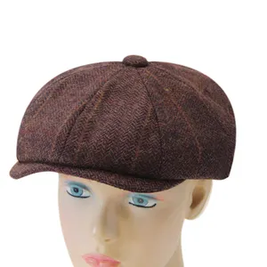 Men's Style Newsboy Cap 8 Panel Wool Ivy Hats Tweed Herringbone Flat Caps