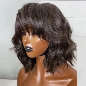 Wig rambut manusia pendek model bob bergelombang, potongan layer, dengan poni, warna hitam alami, tanpa lace, buatan mesin, bagian atas seperti kulit kepala manusia, rambut Remy untuk wanita kulit hitam. - Product Image 2