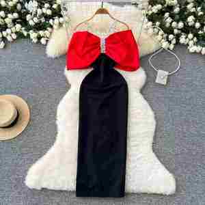 Robe longue décontractée pour femme, col halter, en tissu écologique, taille naturelle, ornée de diamants, rouge, noir, blanc, coupe trapèze, lavable, sans manches, pour l'été - Product Image 1
