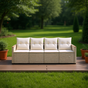 Ensemble de canapés de jardin beige crème 4 places, résistant aux intempéries, en rotin, meubles d'extérieur - Product Image 2