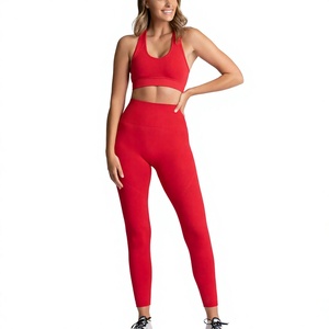 Ensemble de yoga pour femmes rouge uni, respirant et sans couture, soutien-gorge de sport et leggings, 1 pièce, vêtements de sport pour l'entraînement, logo personnalisé sur le devant - Product Image 3