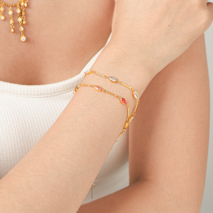 Dainty Pink <b>White</b> Zircon Link <b>Bracelet</b> Anti Tarnish Polished Stainless Steel Ladies Accessories - Product Image 2