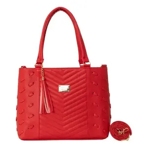 Sac à main en cuir véritable pour femme Fana Cristina, rouge, forme demi-lune, décoré de pompons, fermeture ouverte, deux poignées, style élégant - Product Image 3