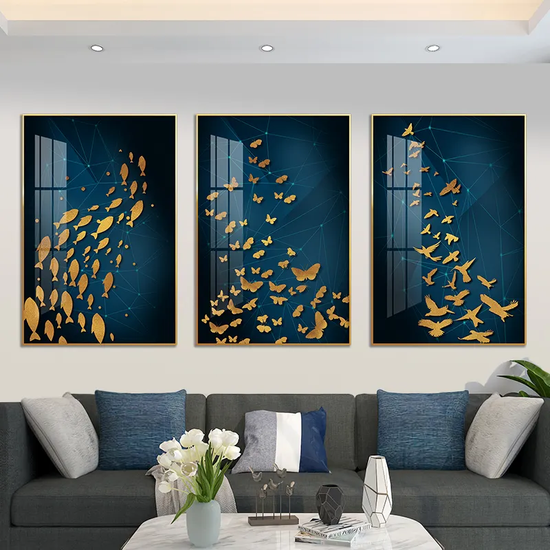 Home Decor 3 Stück Goldene Schmetterlinge, Fische und Vögel auf blauer Wand kunst und Gemälde drucken auf Leinwand Abstrakte Tiermalereien